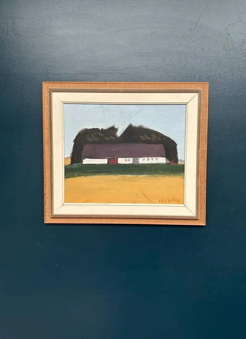 Original Swedish Oil on Canvas – "Farm" by Eric Julius – Signed – Vintage & Framed – 61 × 53 cm (24" × 20.9")