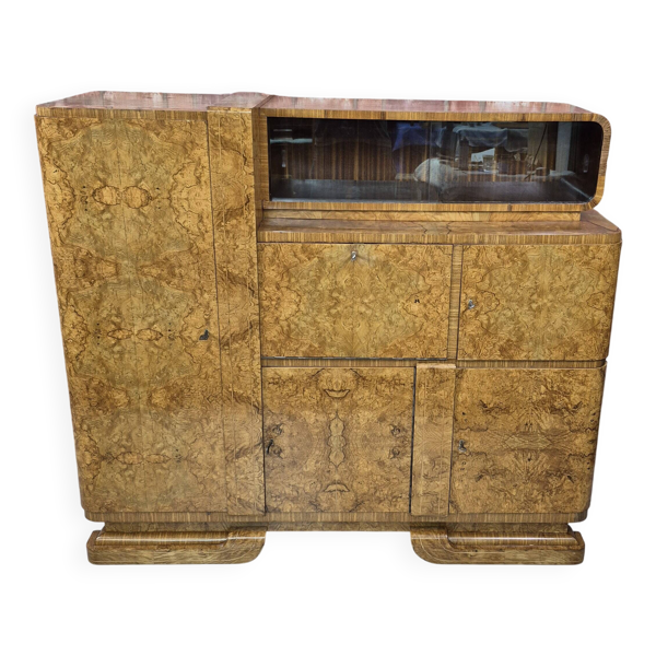 Buffet Art Déco asymétrique en noyer burl – Style ''Gratte-ciel'', années 1930