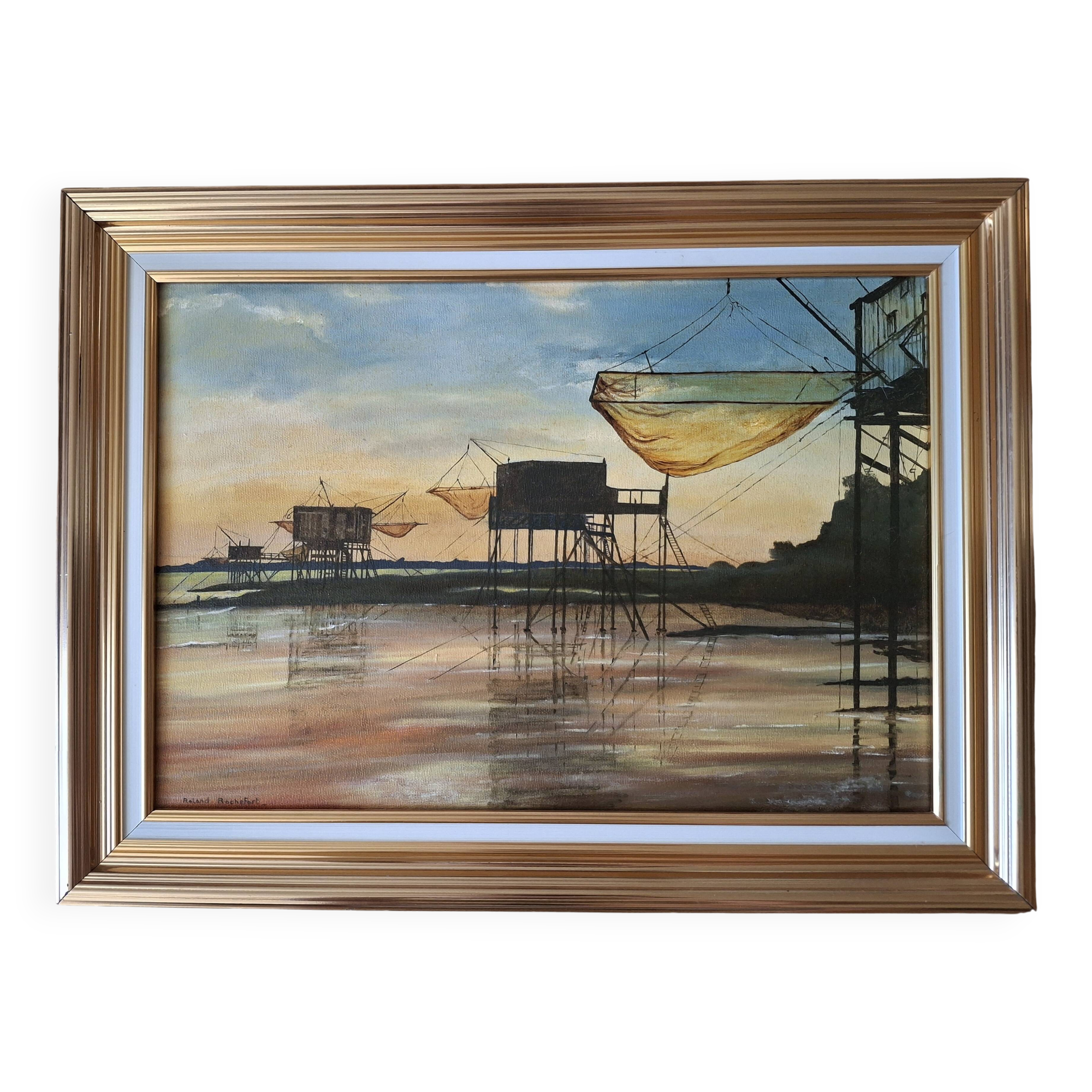 Oil on canvas Roland Rochefort signed framed Carrelets Meschers / Gironde