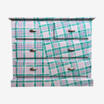 Chest of drawers painted with freehand "Tartan" sky blue background