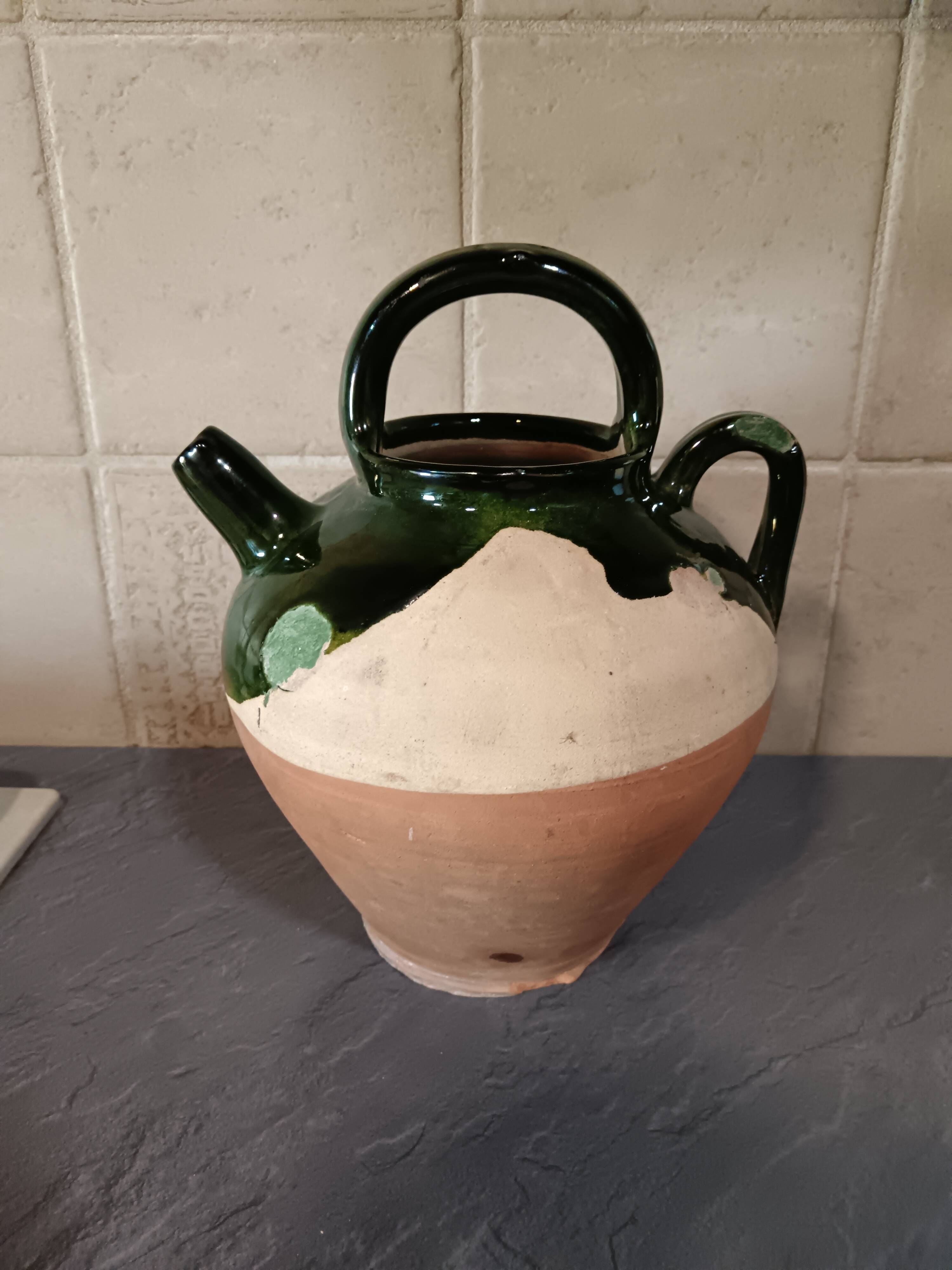 Cruche ancienne terre cuite émaillée verte XIXème siècle