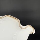 Set of 3 vintage bell-shaped pendants in white opaline with brown trim.