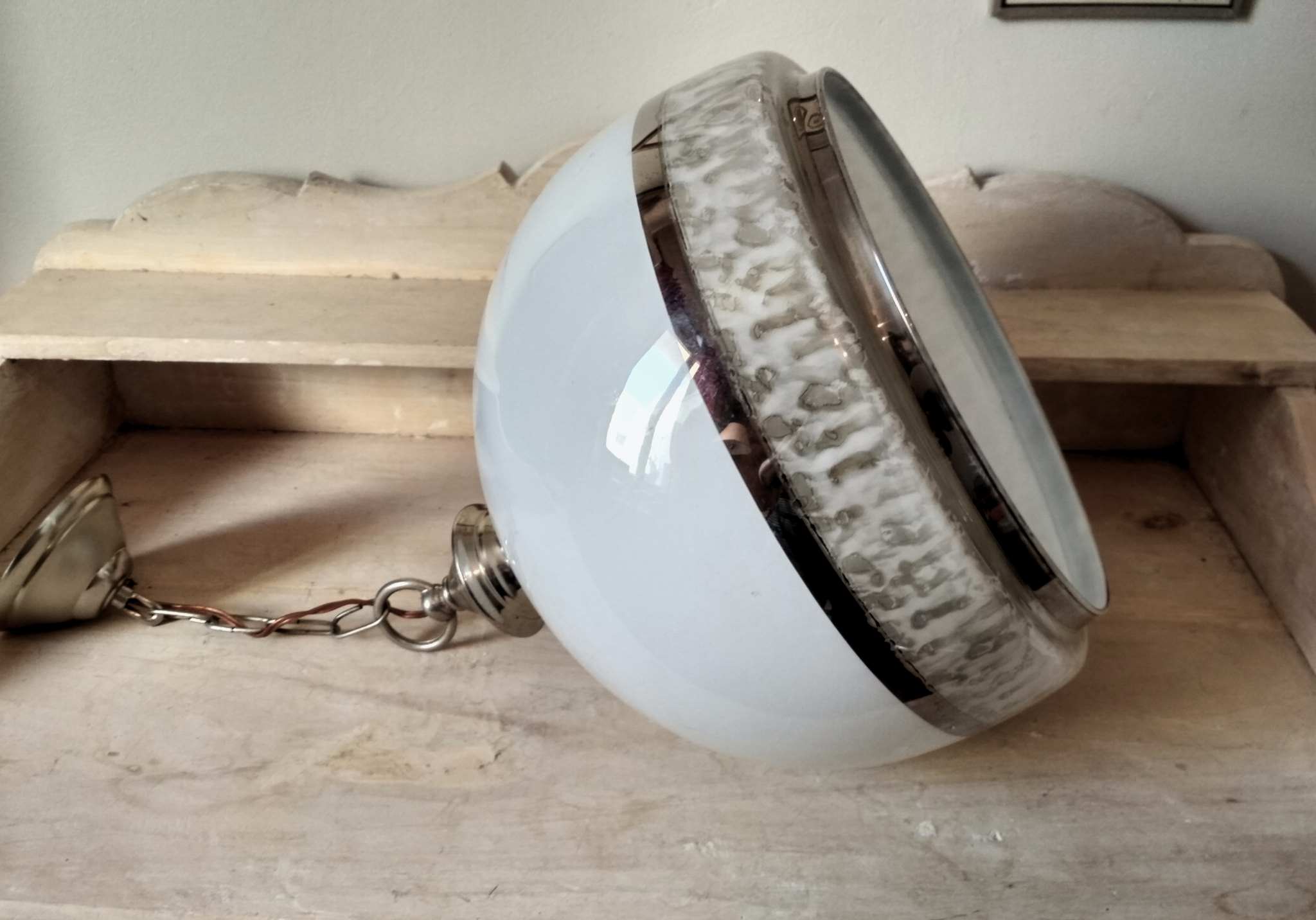 Hanging lamp 1970 globe white and grey glass silver