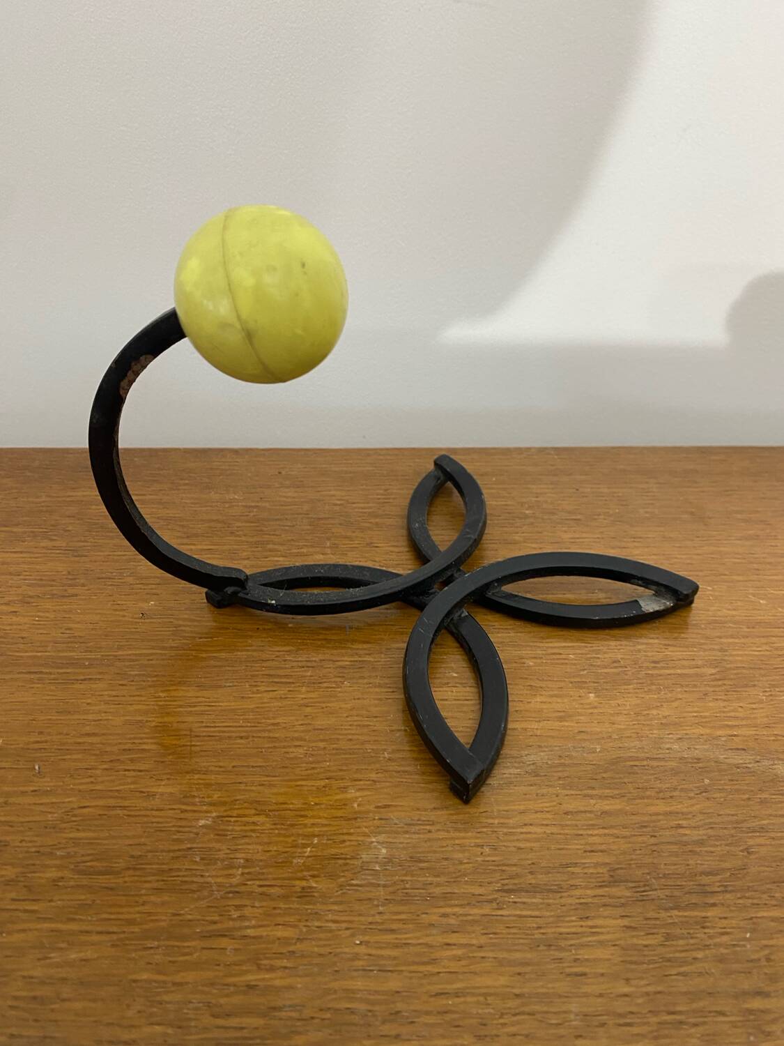 Old Black Wrought Iron Wall Hook + Yellow Plastic Ball 70's Vintage