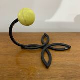 Ancienne Patère Mural Fer Forgé Noir + Boule Plastique Jaune 70’s Vintage