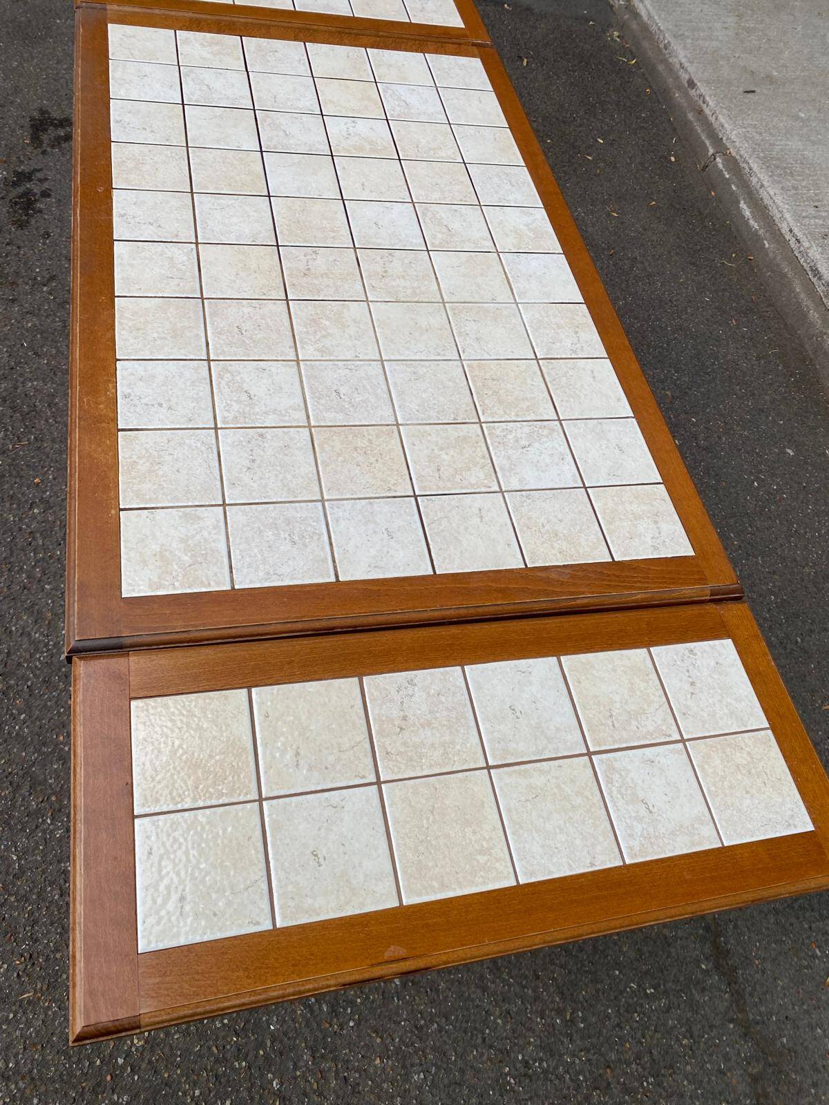 Dining table or farmhouse kitchen style with solid wood and tiles.
