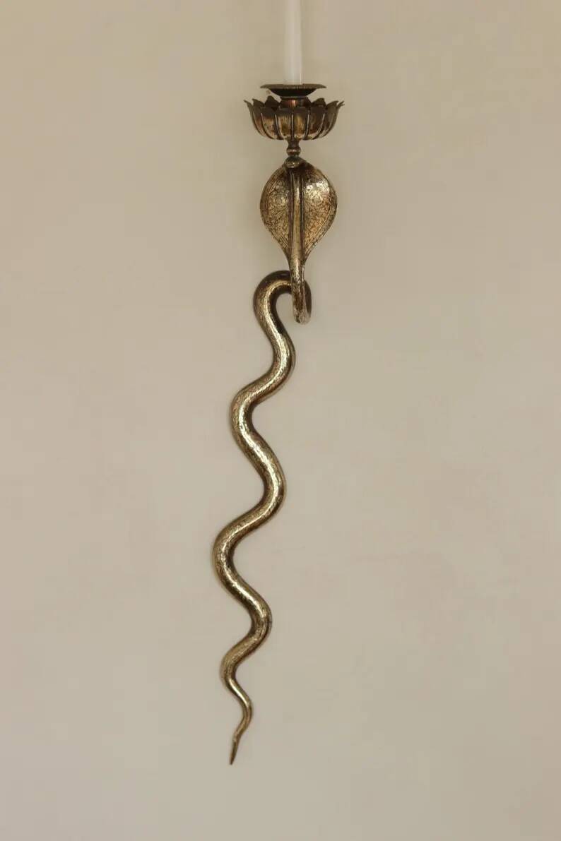 Pair of Neo-Egyptian Style Engraved Brass Wall Sconces Featuring Cobras