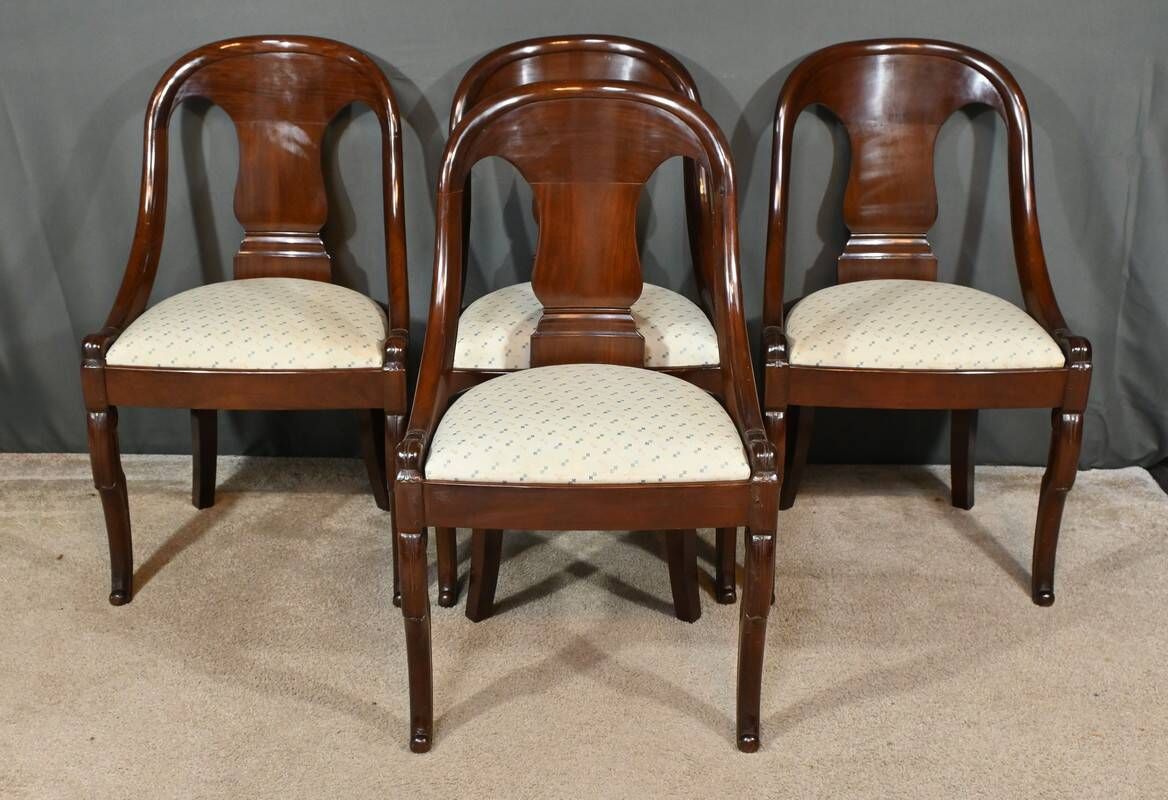 Set of 4 Gondola Chairs in Mahogany, Restoration period – Part 1, 19th century