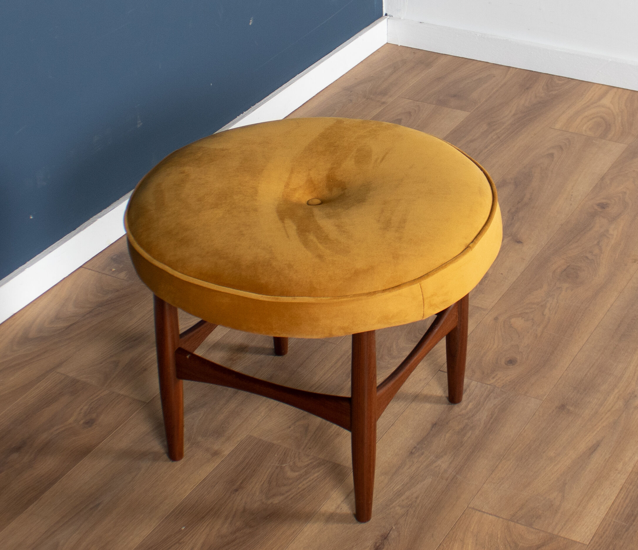 Retro teak 1960s kofod larsen upholstered mustard stool