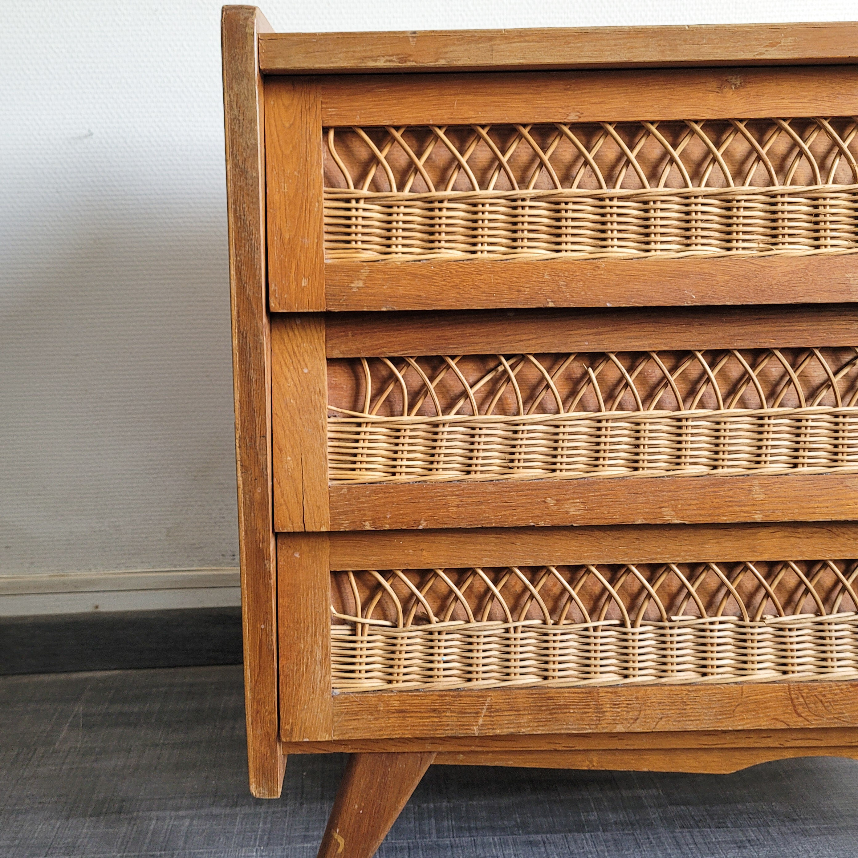 Wooden chest of drawers and vintage rattan