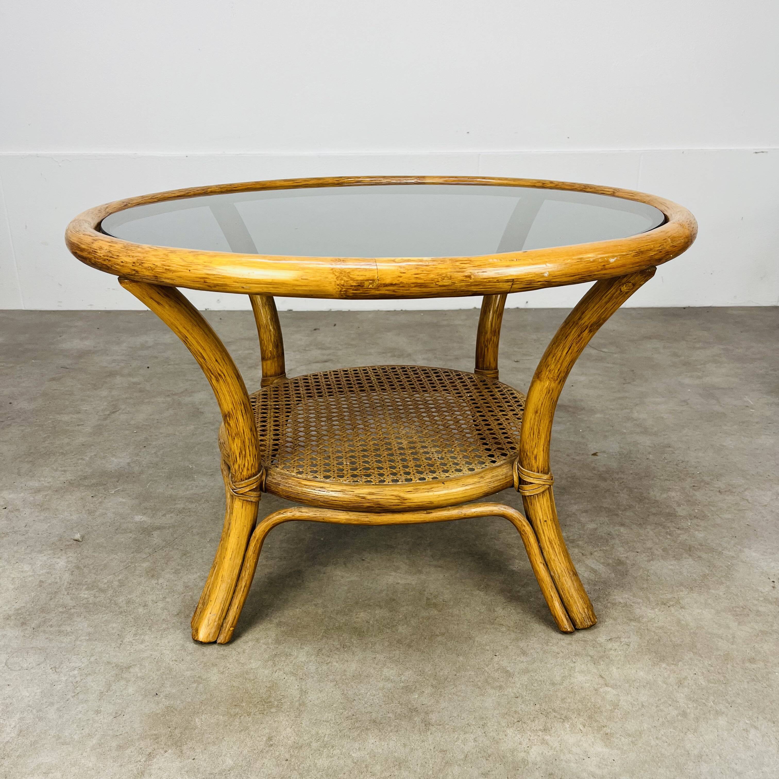 Round rattan smoked glass coffee table, 60s