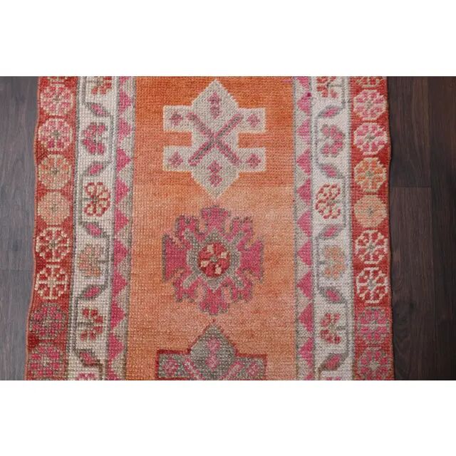 Vintage Turkish Oushak Handmade Wool Cotton Orange Runner Rug 80x372