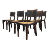 Suite of 6 chairs brutalist style straw and solid oak