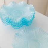 Six-piece turquoise crystal glass bowls, vintage 1980s, ruffled scalloped rims, pressed texture