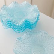 Six-piece turquoise crystal glass bowls, vintage 1980s, ruffled scalloped rims, pressed texture