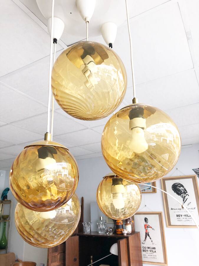 Vintage smoked glass pendant light, Parscot circa 1970.