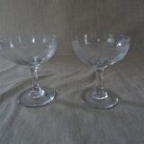 Pair of old crystal champagne glasses wide frieze right foot