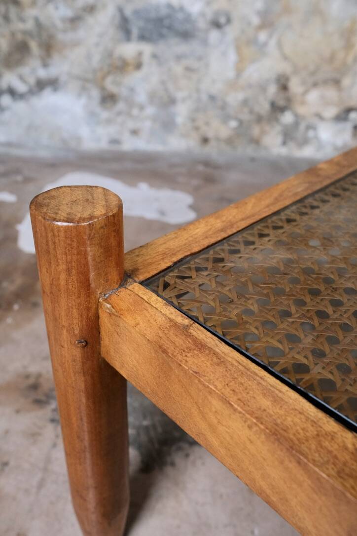 Cane and smoked glass coffee table, France, 1980.