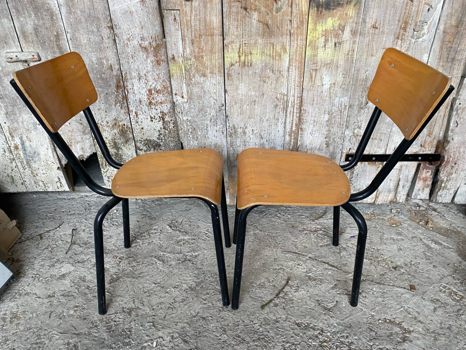 Pair of antique chairs in black metal + wooden seat & back