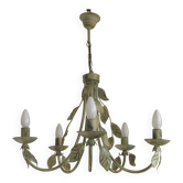 Vintage Italian 5 Light Metal Chandelier Washed Green & Gold Leaf Design