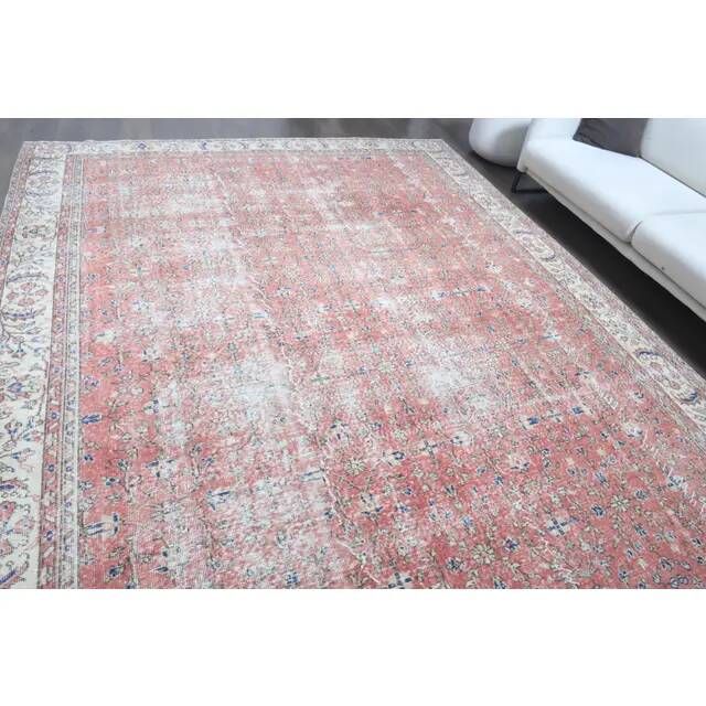 1960s Vintage Persian Handmade Wool Cotton Light Red Area Rug 280x360