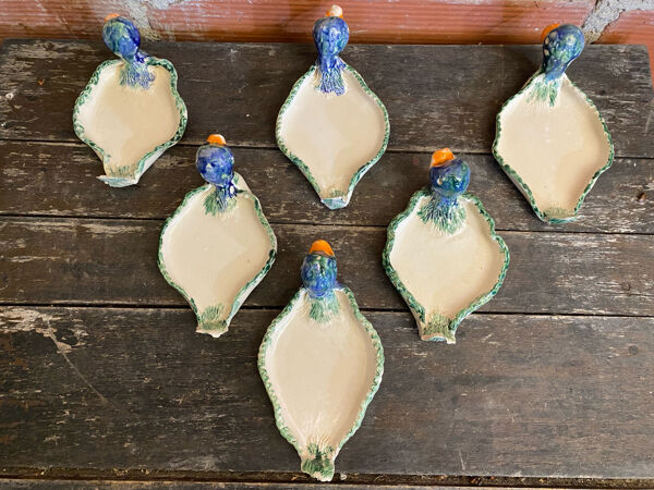 Plat + 6 Assiettes Service Foie Gras Forme Canard Céramique Polychrome