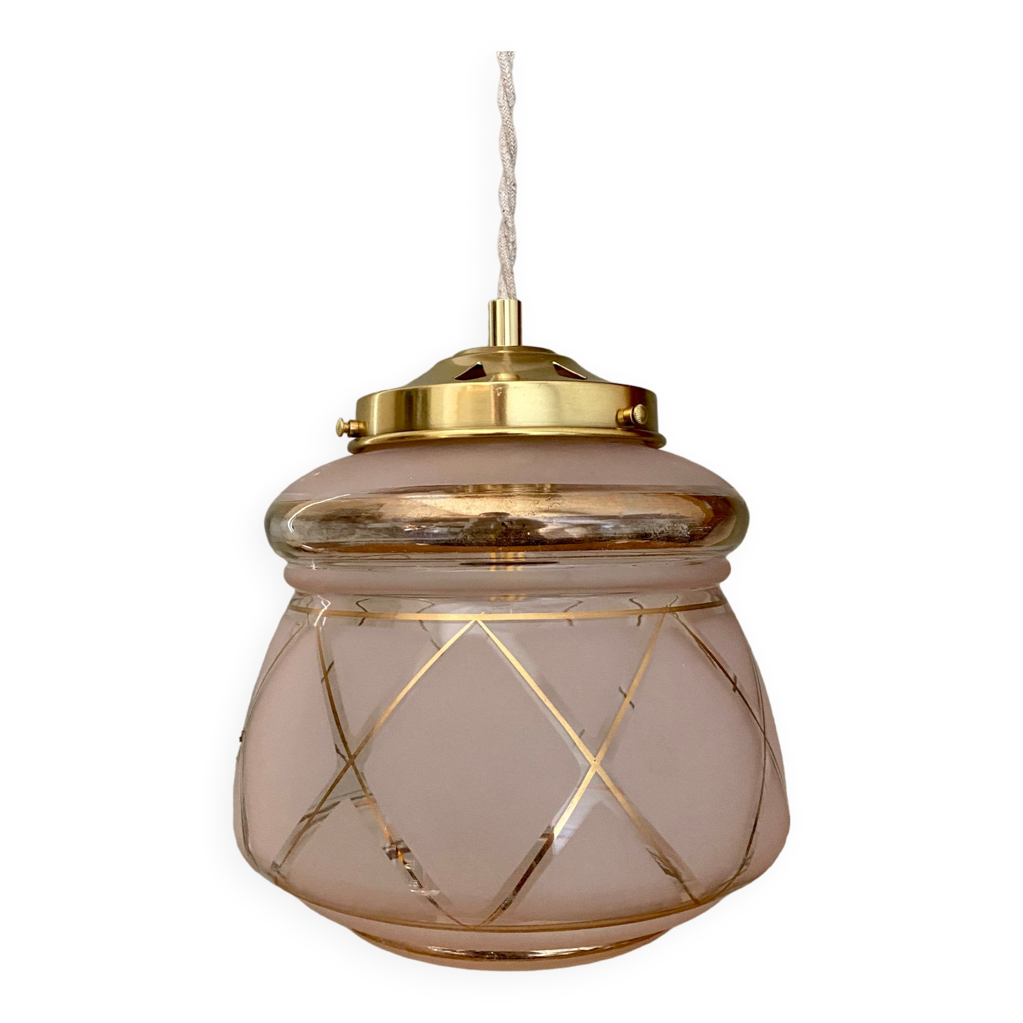 Suspension globe vintage art déco en verre rose et doré