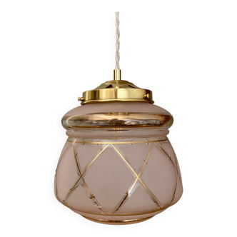 Vintage art deco globe pendant lamp in pink and gold glass