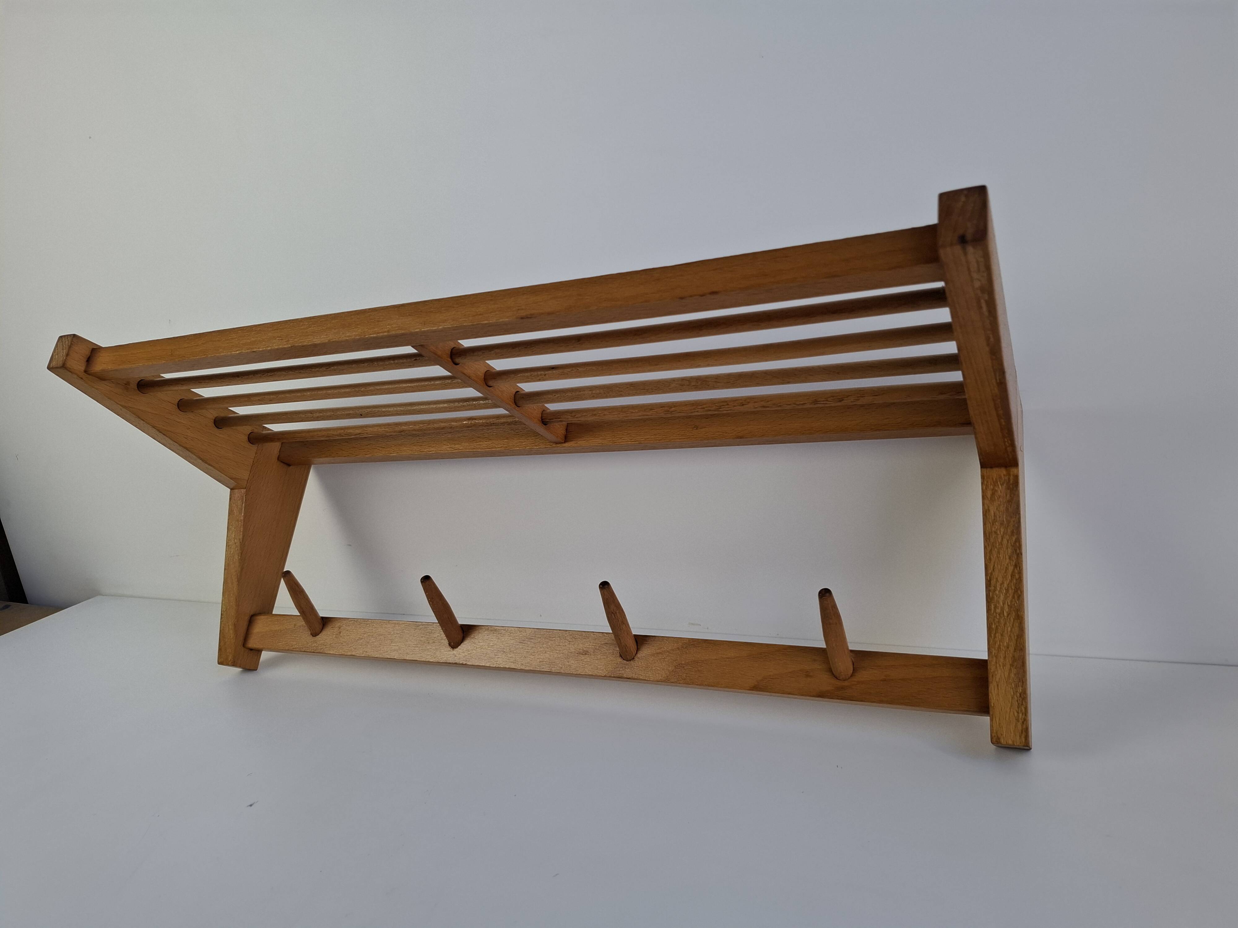 Mid-century Czechoslovak wooden wall coat rack with shelf, Uluv, 1970s