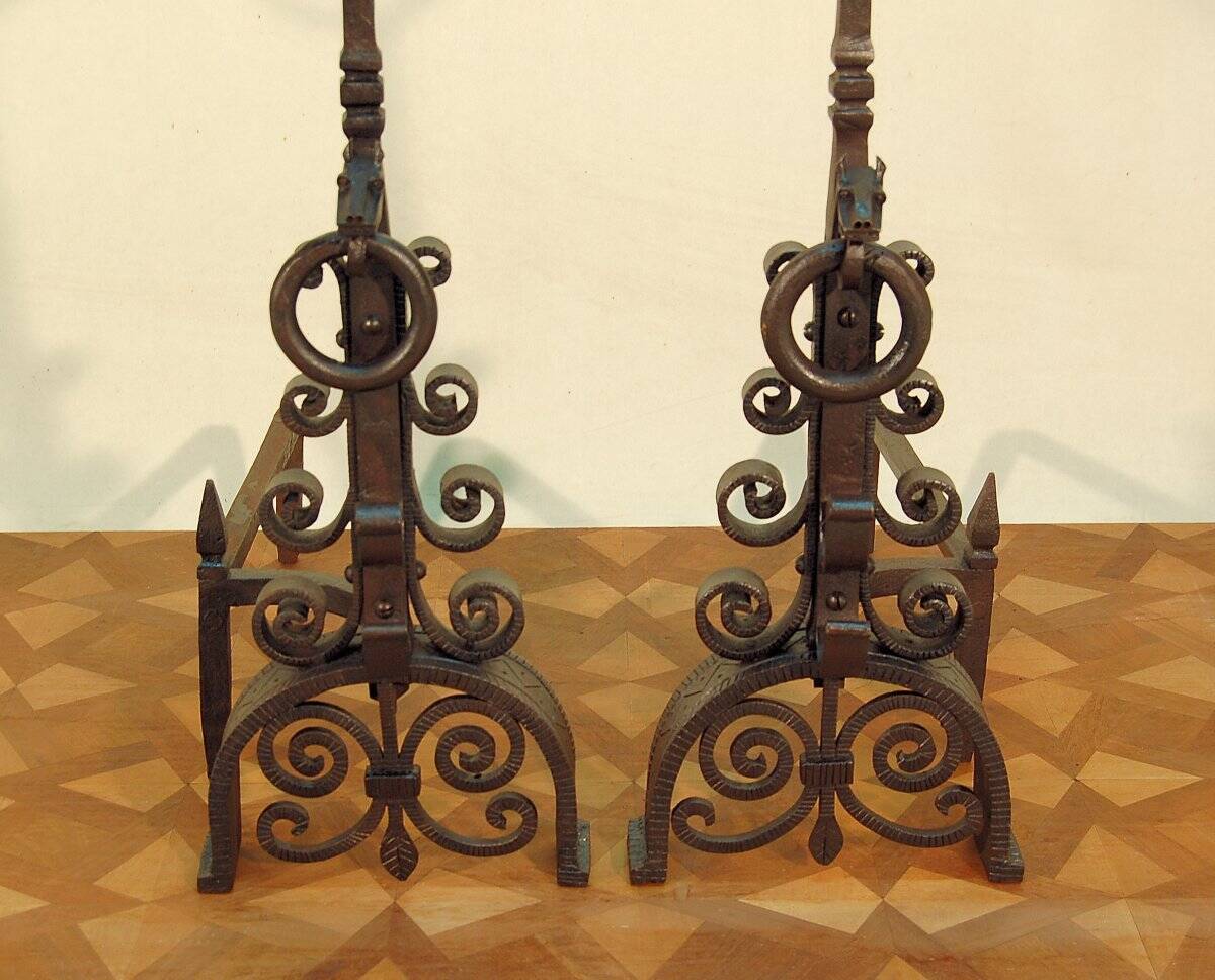Pair of Art Deco wrought iron andirons
