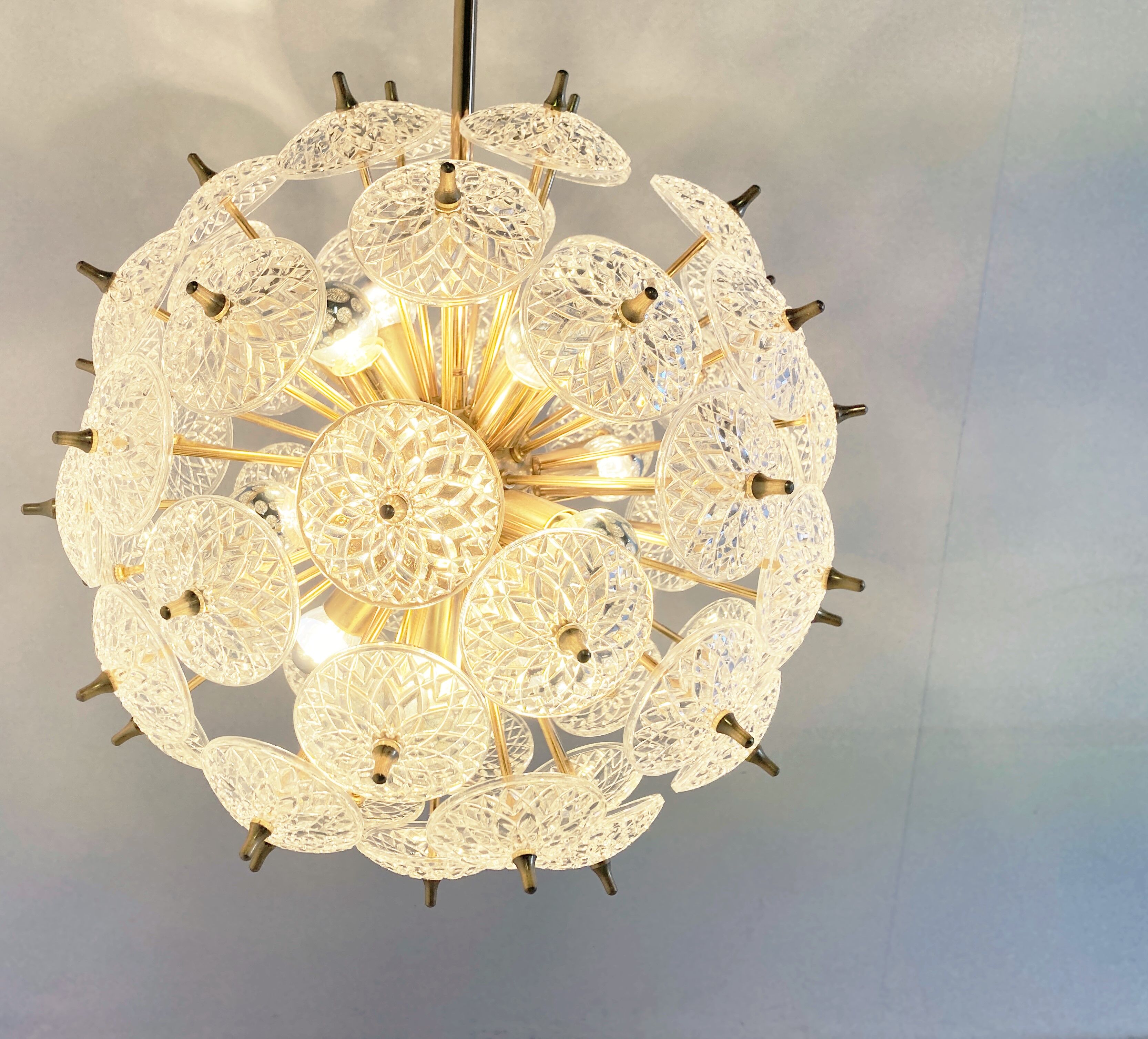 Mid century brass and crystal sputnik chandelier by Val saint lambert, 1960s