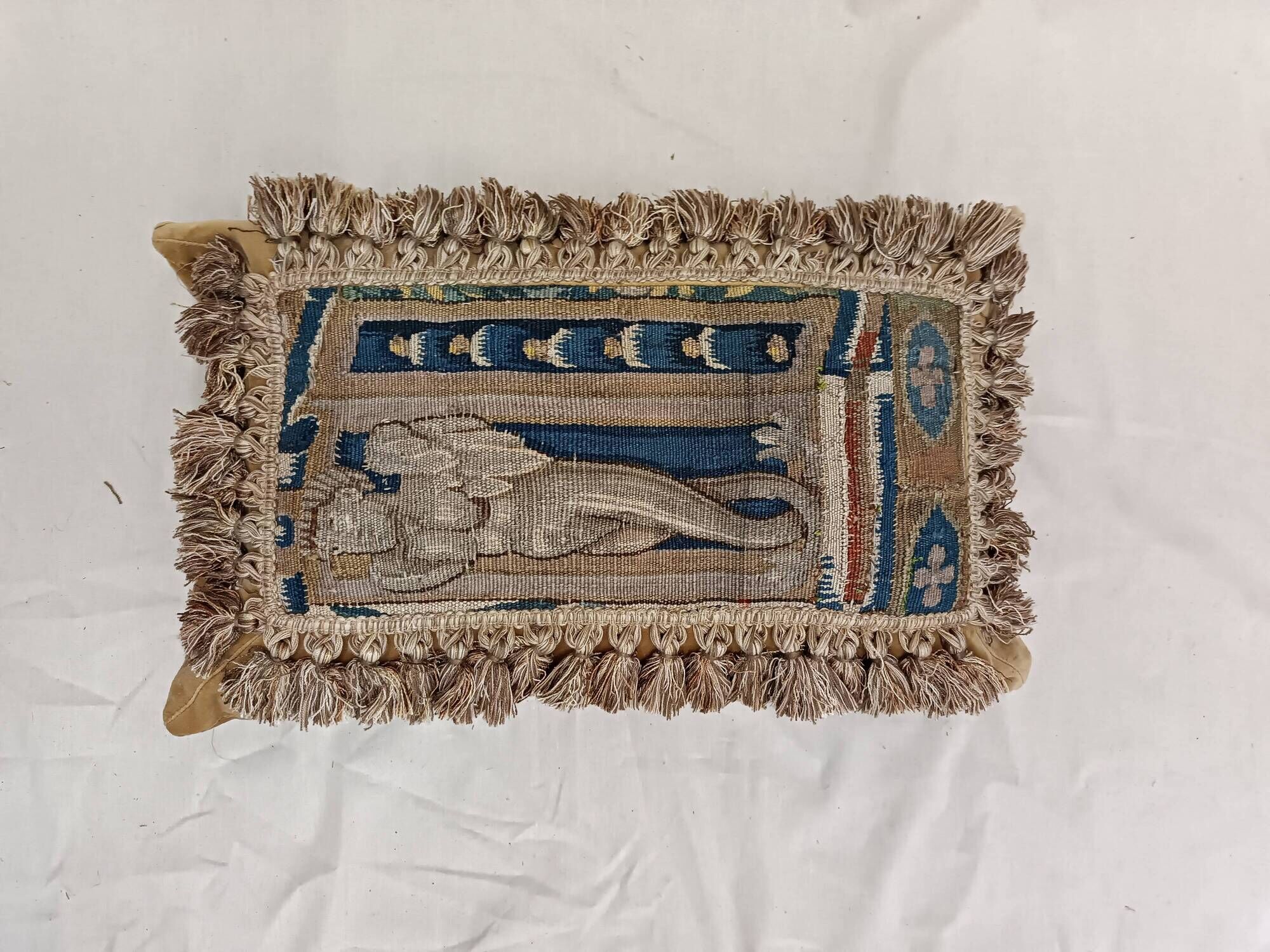 Rare 17th Century French Aubusson Tapestry Cushion with Figural Design & Tassels