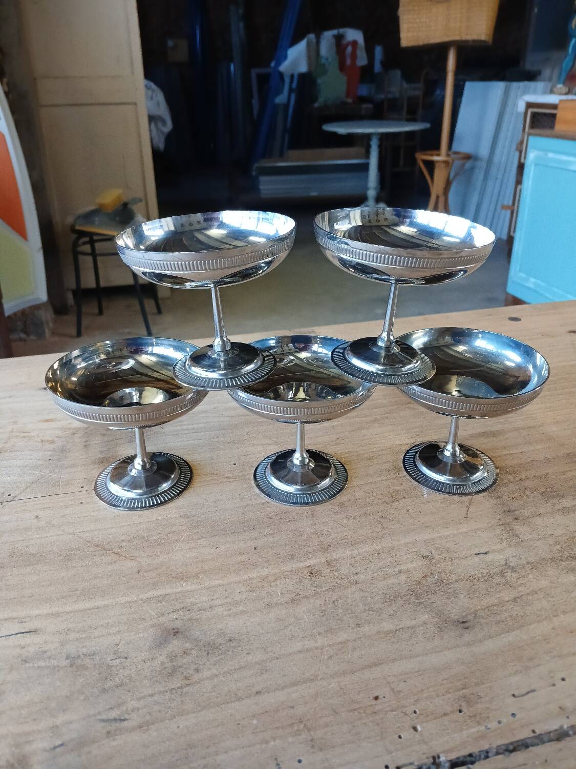 5 antique stainless steel ice cream cups