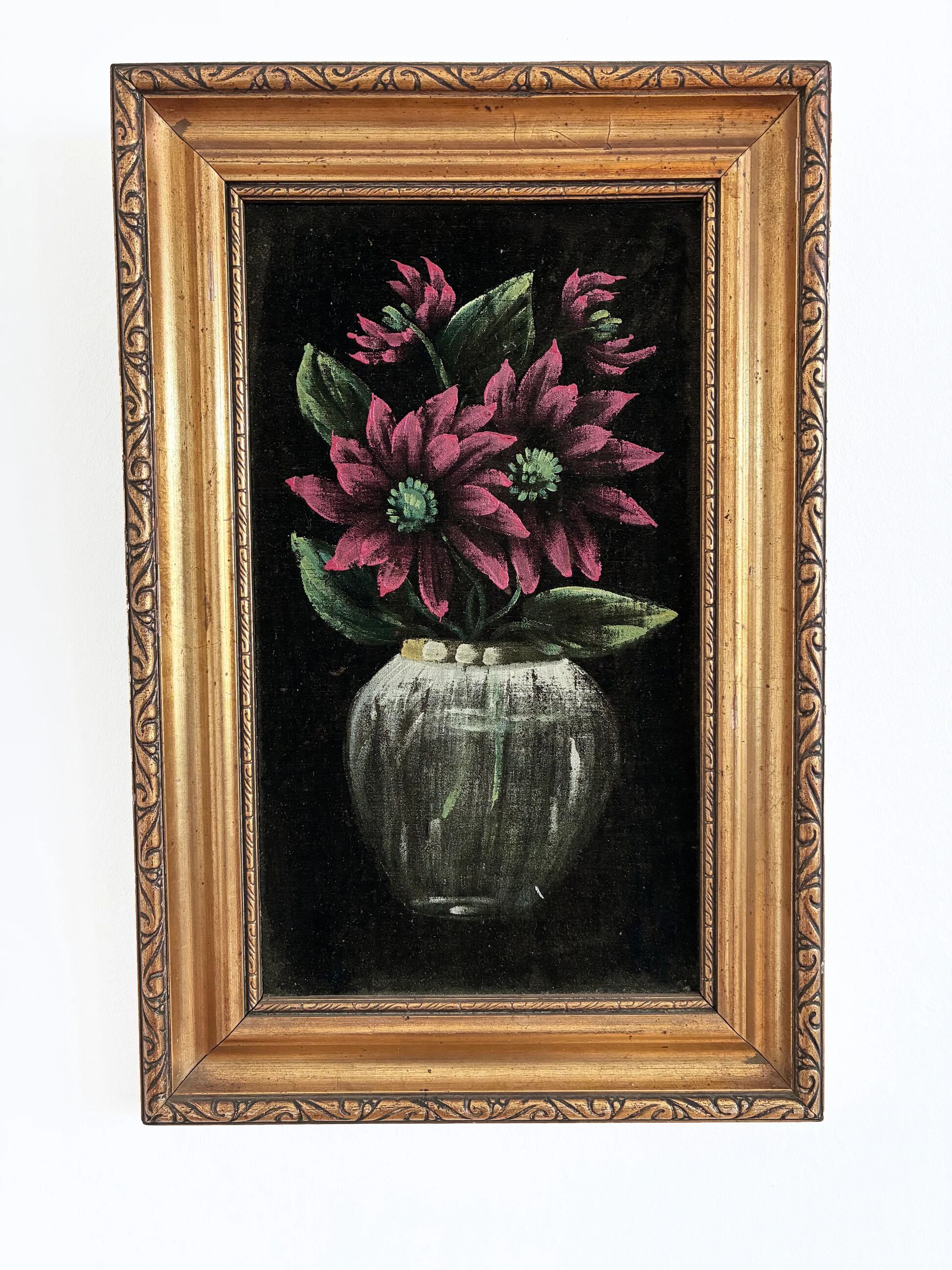 Vintage original velvet flower oil painting, red flower still life art