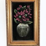 Vintage original velvet flower oil painting, red flower still life art