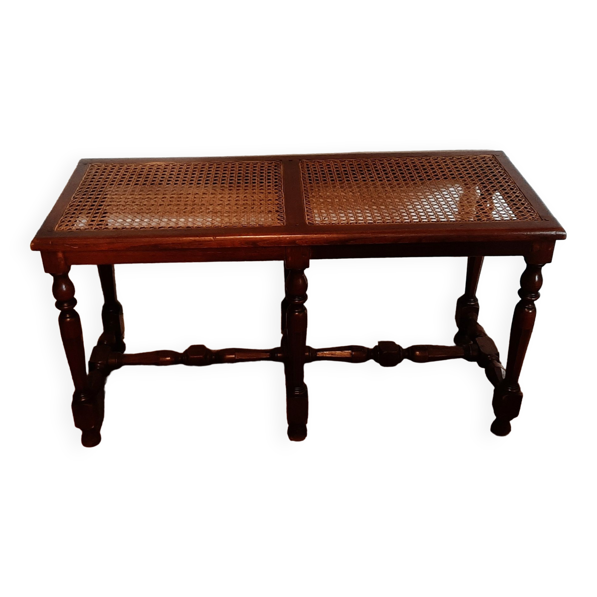 Banquette de piano bout de lit bois & cannage