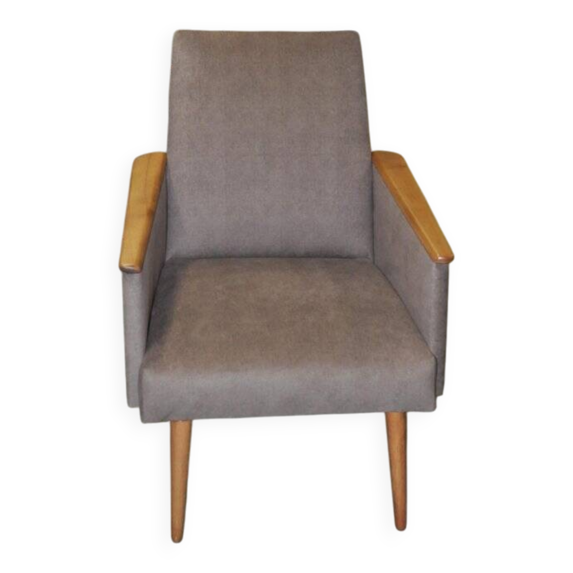 Pair of grey fabric lounge chairs with lacquered armrests and wood - 1960s