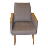 Pair of grey fabric lounge chairs with lacquered armrests and wood - 1960s