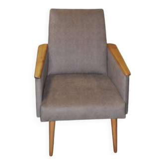 Pair of grey fabric lounge chairs with lacquered armrests and wood - 1960s