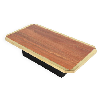 Red Travertine and Brass Coffee Table, Belgium c.1970