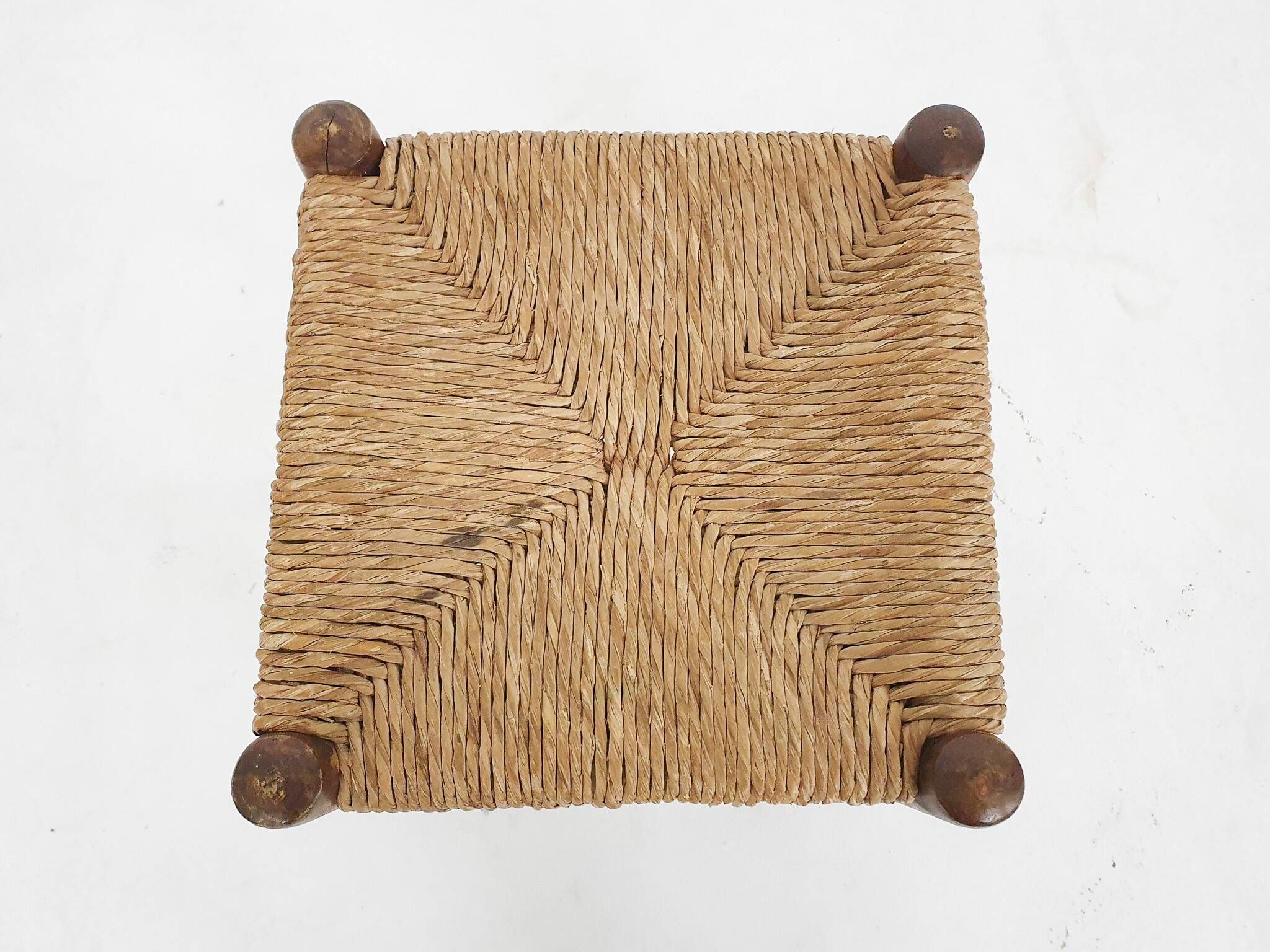 Mid-century wooden stool with rattan seating