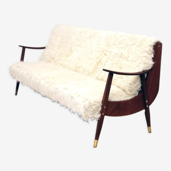 Scandinavian 3-seater sofa bed, teak & new wool uphlostery, norway 1970's