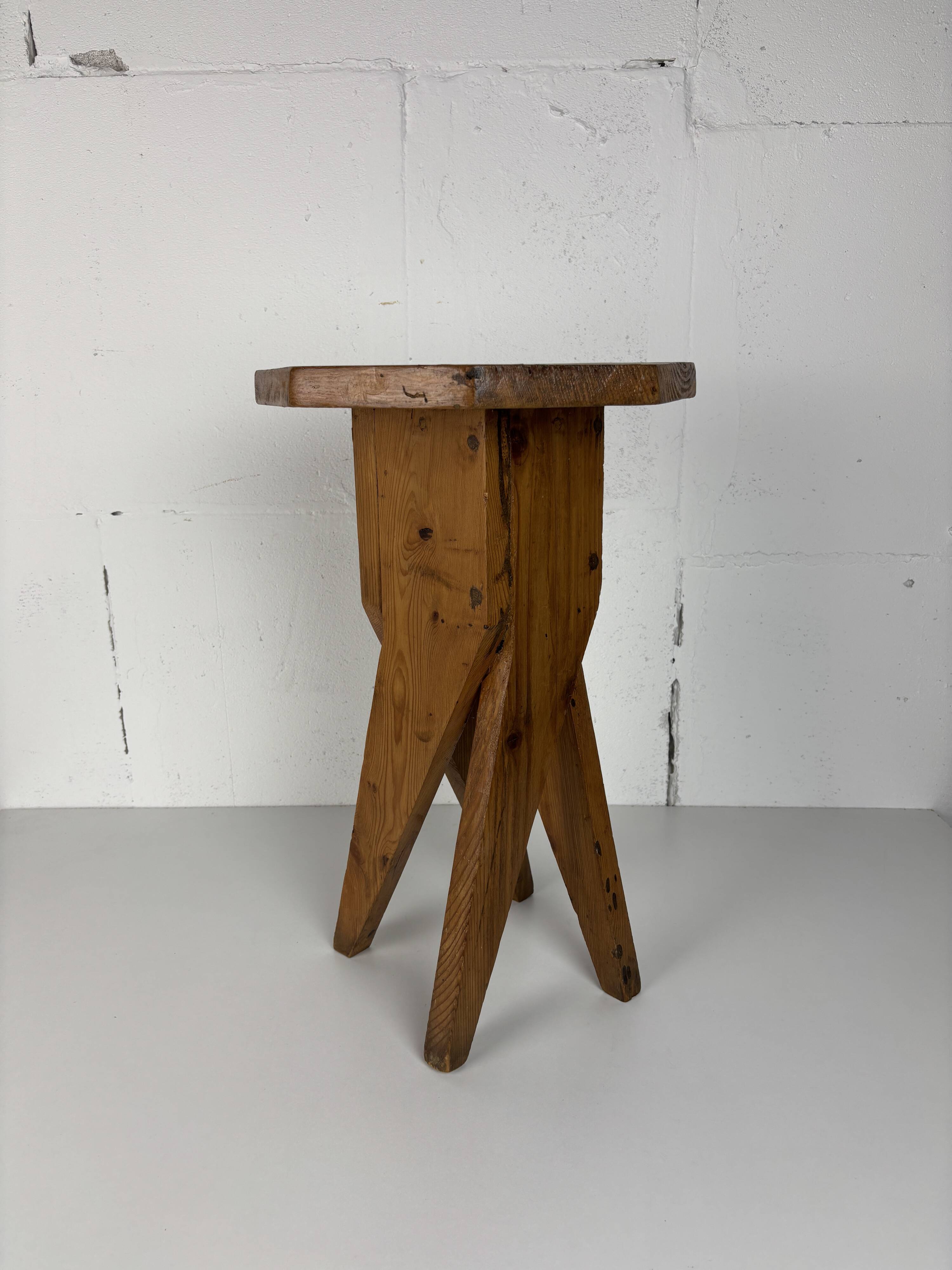 Midcentury brutalist artisanal rustic handcrafted stool, France 1960s