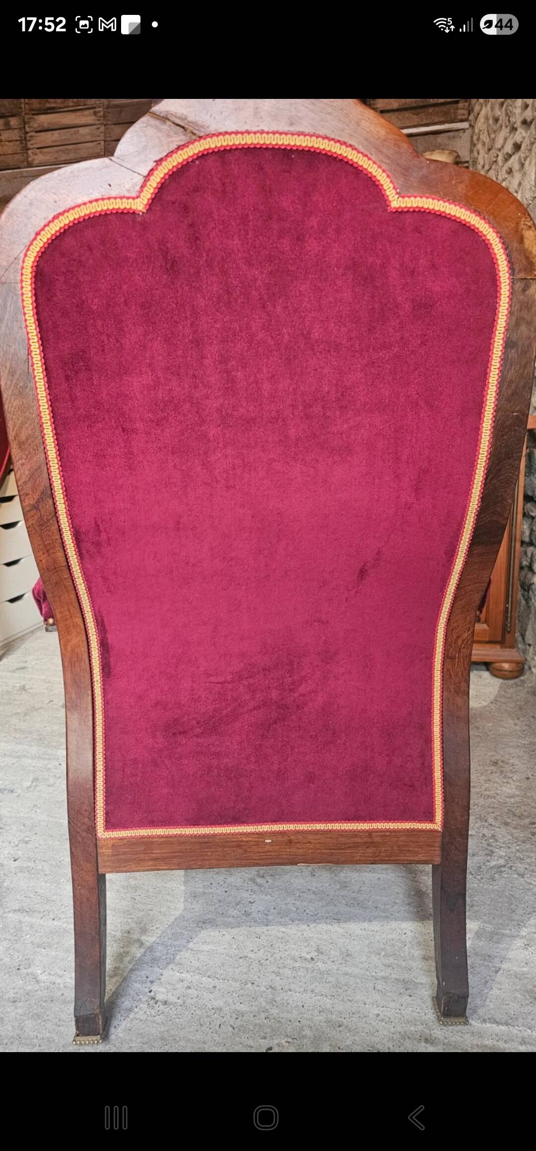 Louis-Philippe armchair in mahogany and burgundy velvet, floral decoration.