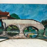 Oil painting on canvas landscape bridge and old river