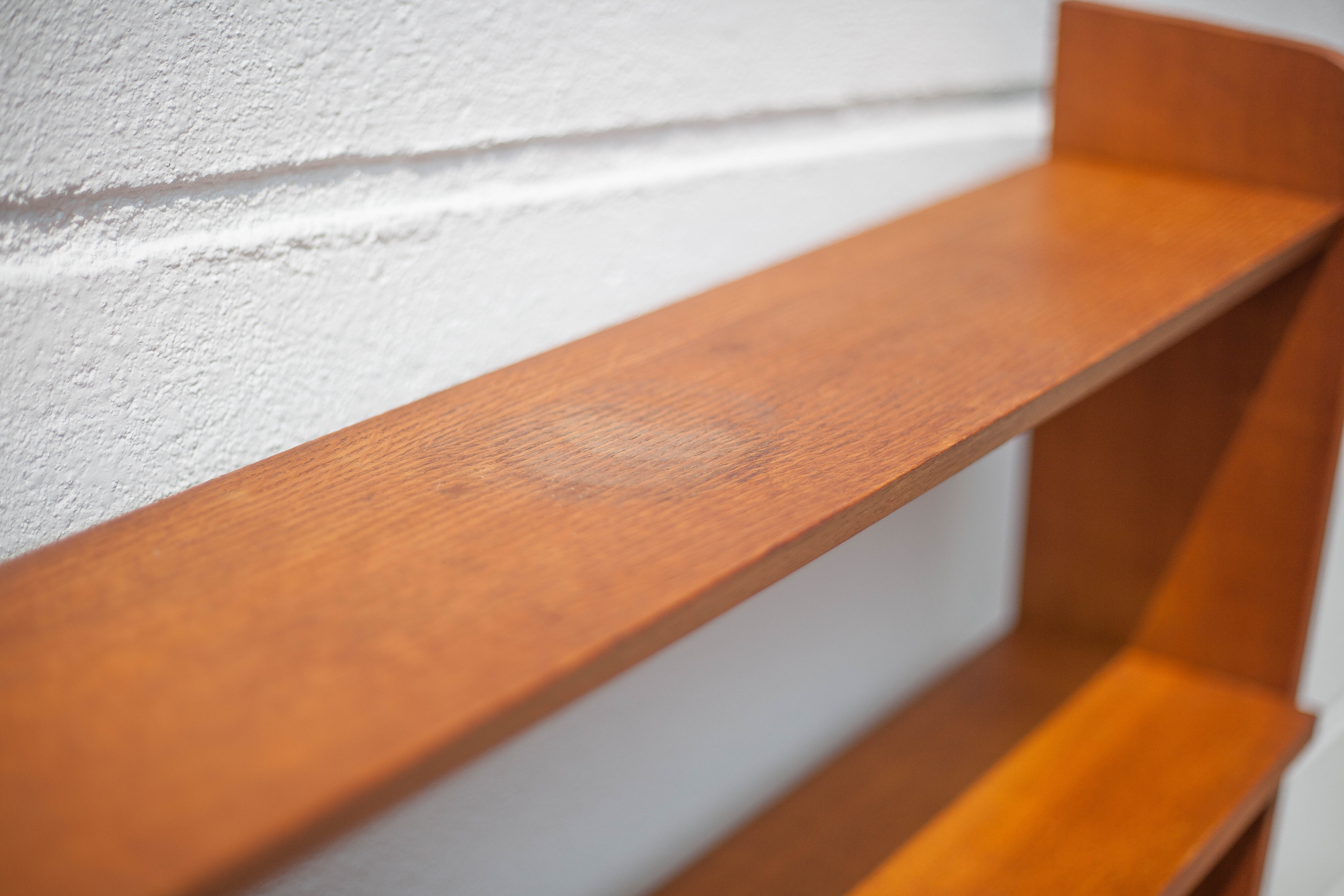 Wood bookcase shelf, wooden shelf on compass legs, storage unit, decoration