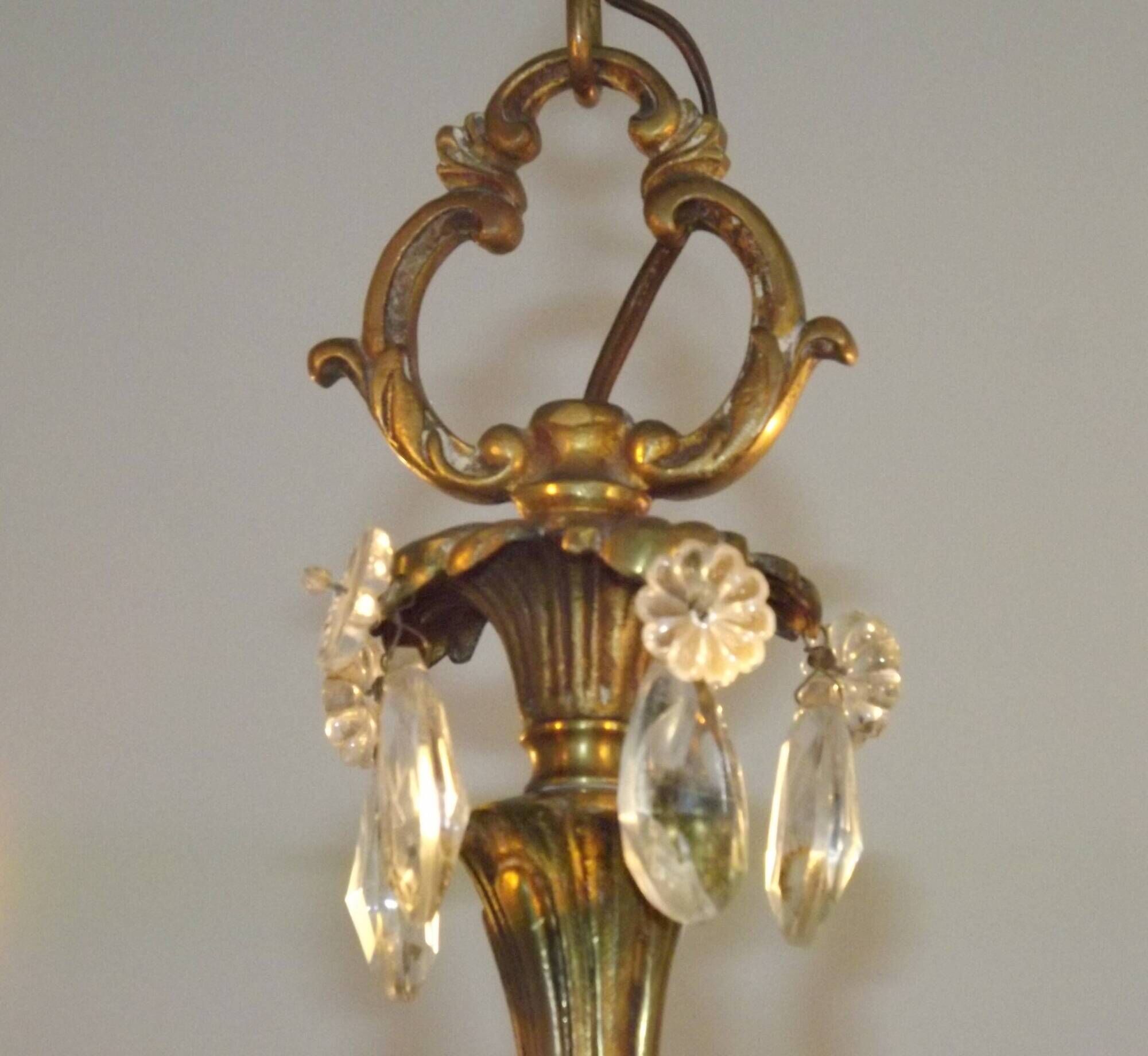 French Vintage Bronze and Glass 4 Light Art Nouveau Crystal Chandelier