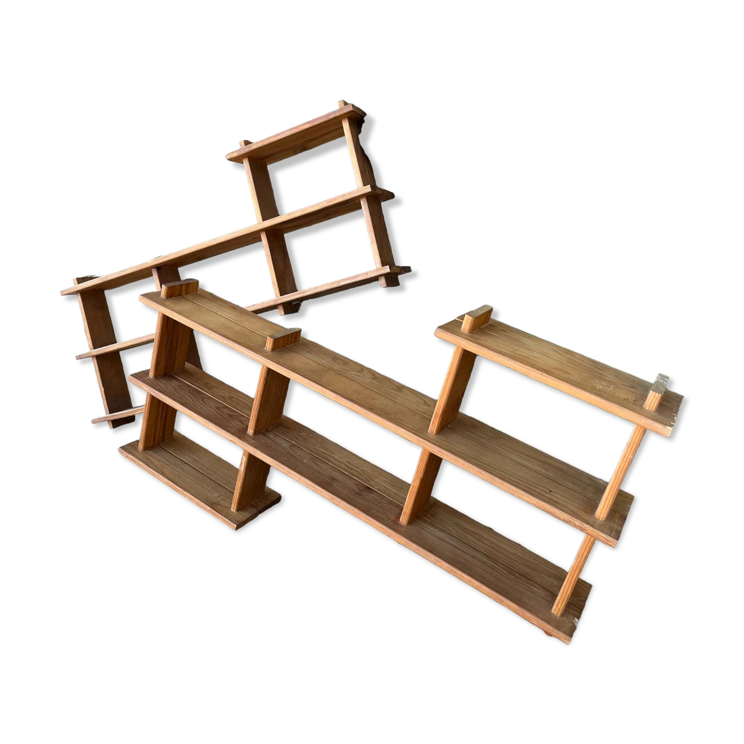 Asymmetrical shelf pairs in solid pine 70s