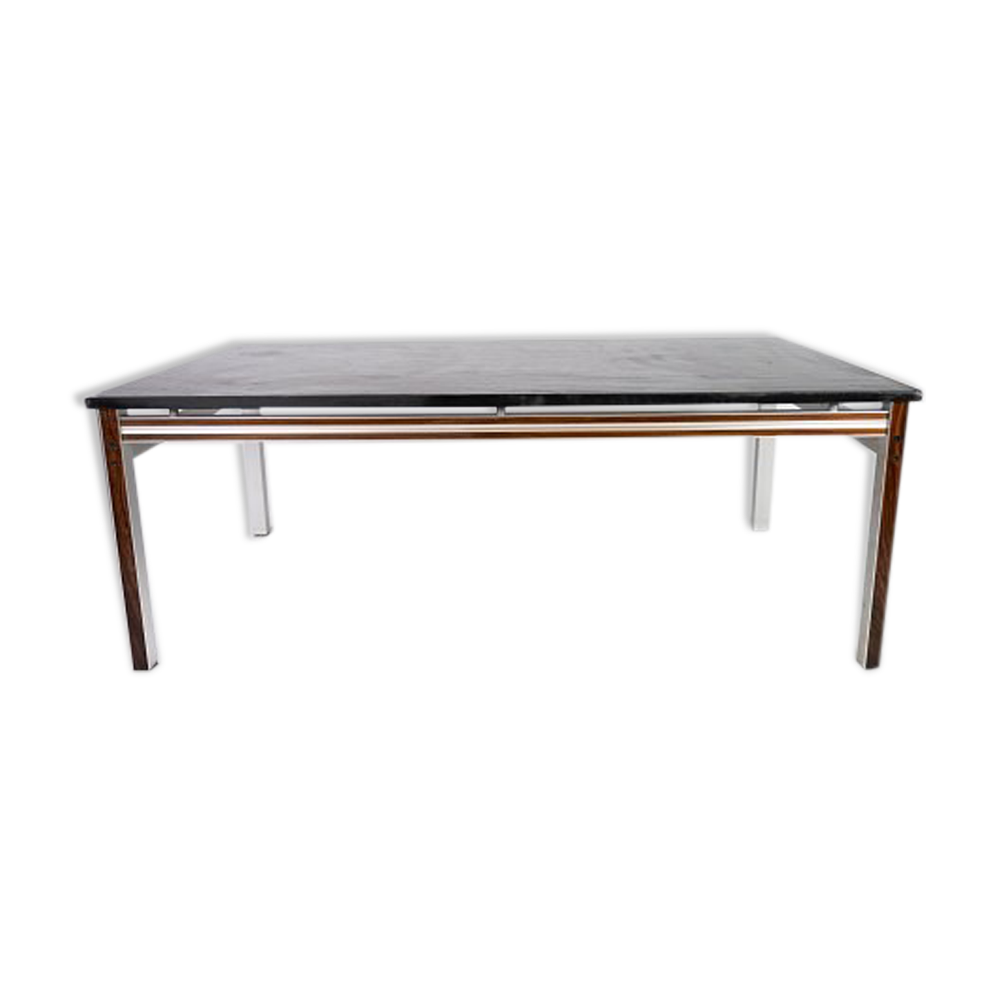 Coffee table with black slate plate and frame in rosewood and metal, of danish design from the 1970s