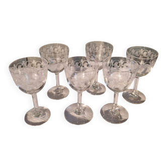7 art nouveau white wine/port glasses - floral decoration late 19th century baccarat